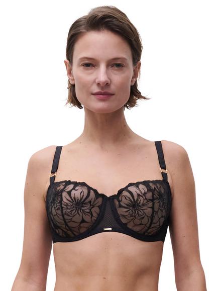 Chantelle Fleurs Underwired Balconette Bra, Black, Black