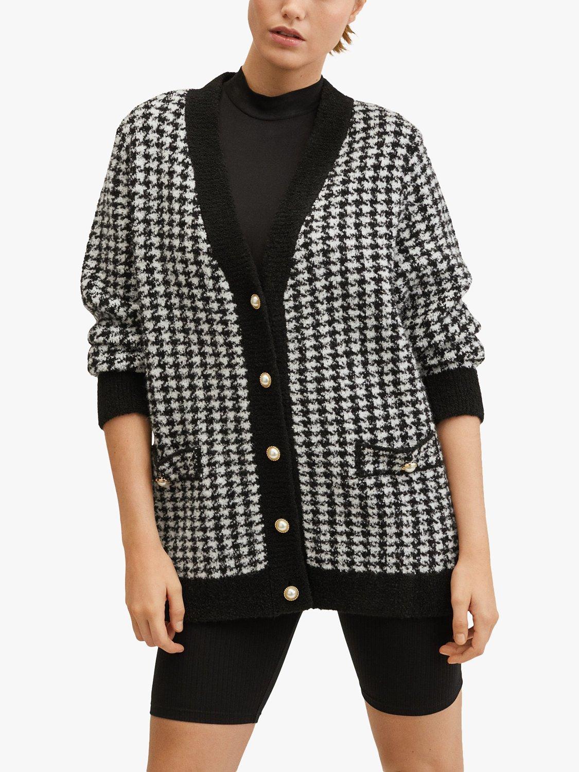 Mango Patri Houndstooth Cardigan, Black/White