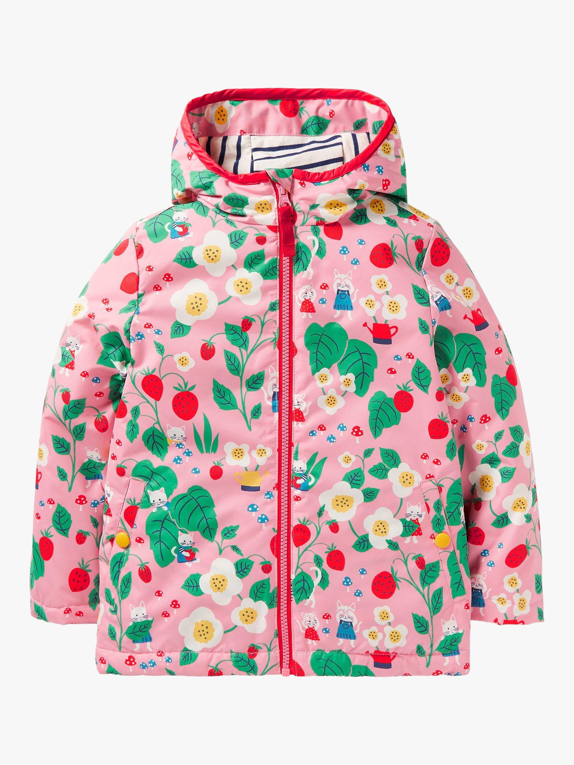 Mini Boden Kids' Strawberry Jersey-Lined Shower-Proof Coat, Pink
