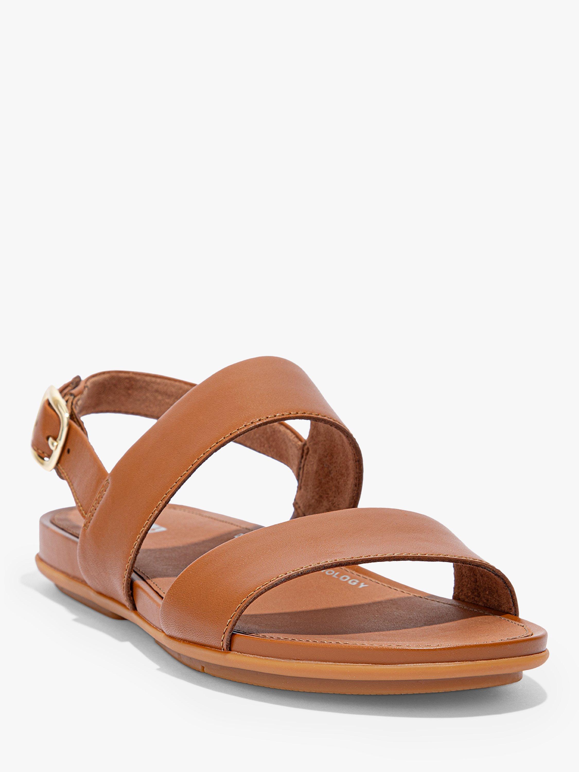 Product image 2 of 4, which shows FitFlop Gracie Leather Double Strap Sandals, Light Tan, 5