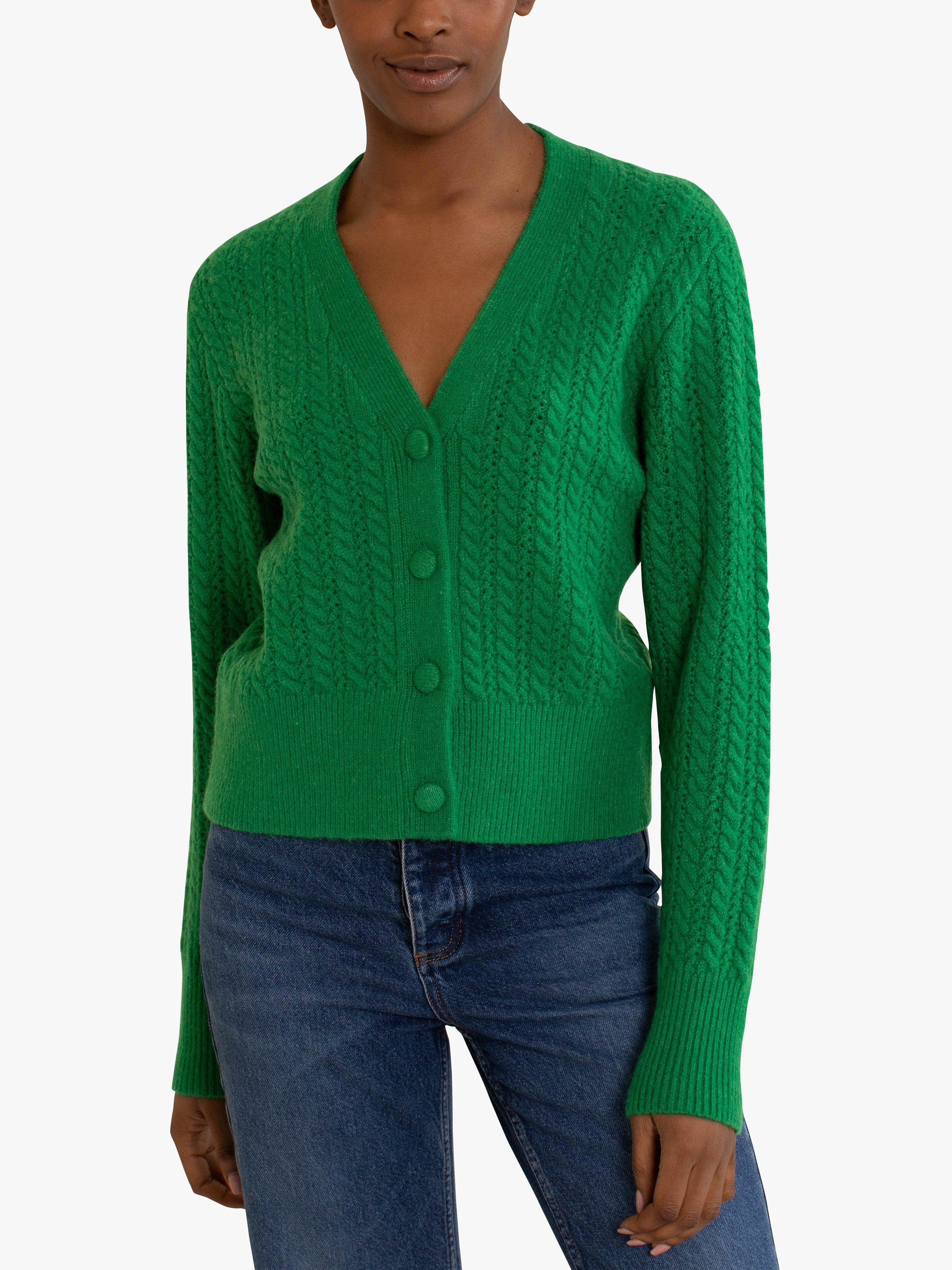 Albaray Cable Knit V Neck Button Cardigan, Green
