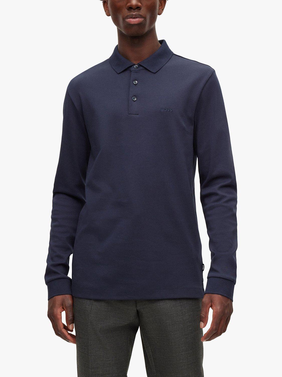 Product image 1 of 5, which shows Hugo Boss Pado Long Sleeve Polo Top, Dark Blue, S