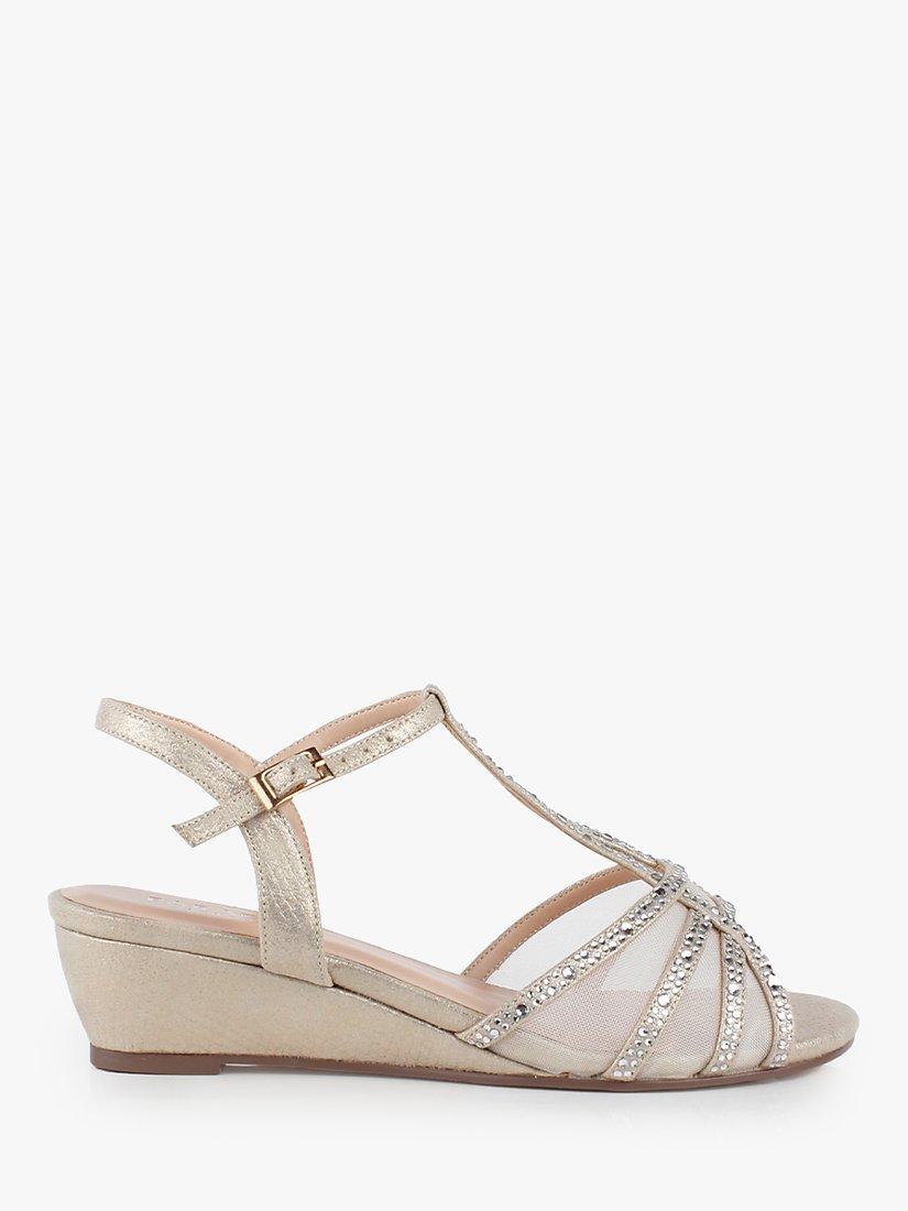 Product image 1 of 5, which shows Paradox London Jilly Wide Fit Glitter Diamante Mesh Mid Heel Wedges, Champagne, 9