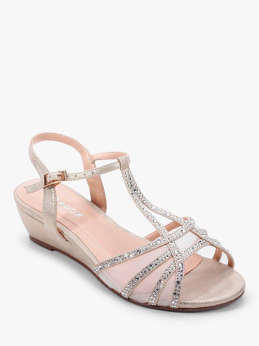 Product image 3 of 5, which shows Paradox London Jilly Wide Fit Glitter Diamante Mesh Mid Heel Wedges, Champagne, 9