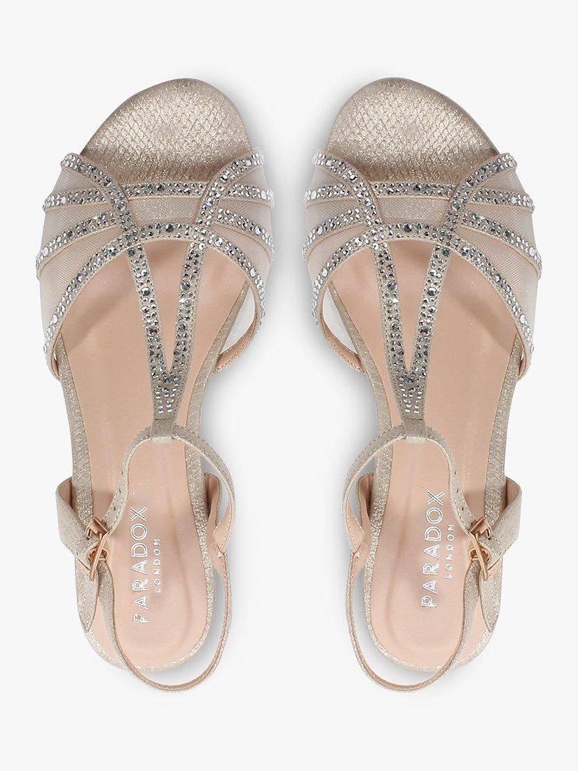 Product image 4 of 5, which shows Paradox London Jilly Wide Fit Glitter Diamante Mesh Mid Heel Wedges, Champagne, 9