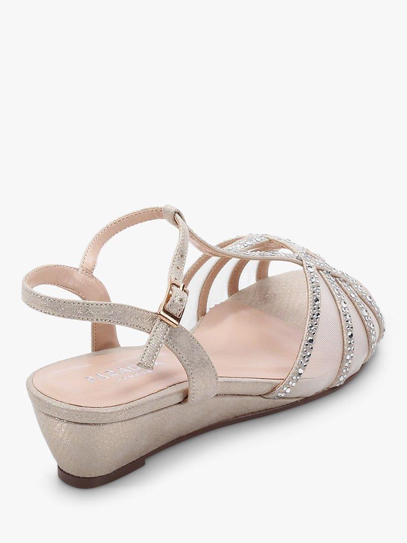 Product image 5 of 5, which shows Paradox London Jilly Wide Fit Glitter Diamante Mesh Mid Heel Wedges, Champagne, 9