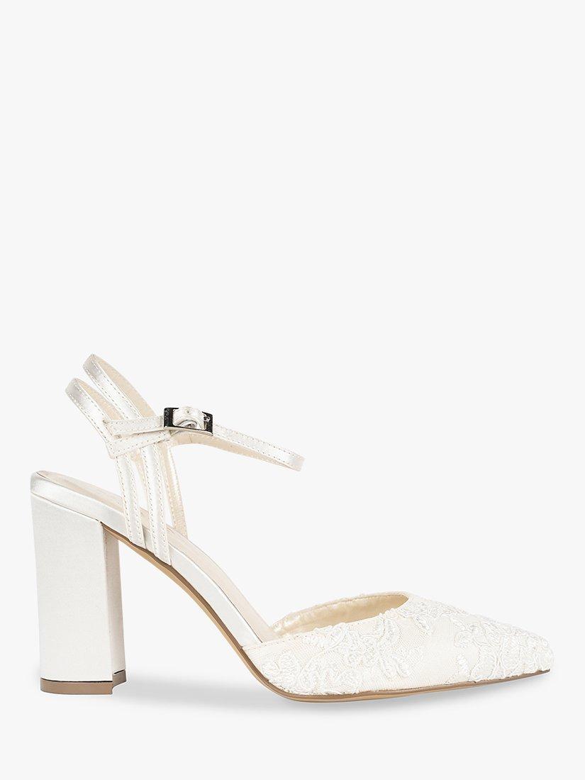 Product image 1 of 4, which shows Paradox London Fauna Satin and Lace High Block Heel Shoes, Ivory, 6
