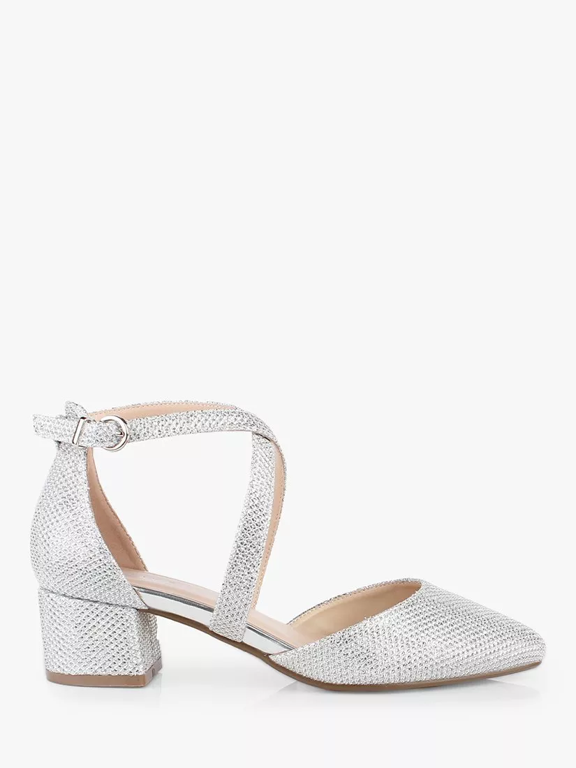 Paradox London Francis Wide Fit Glitter Block Heel Court Shoes Silver