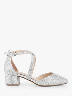 Paradox London Francis Wide Fit Glitter Block Heel Court Shoes, Silver, Silver