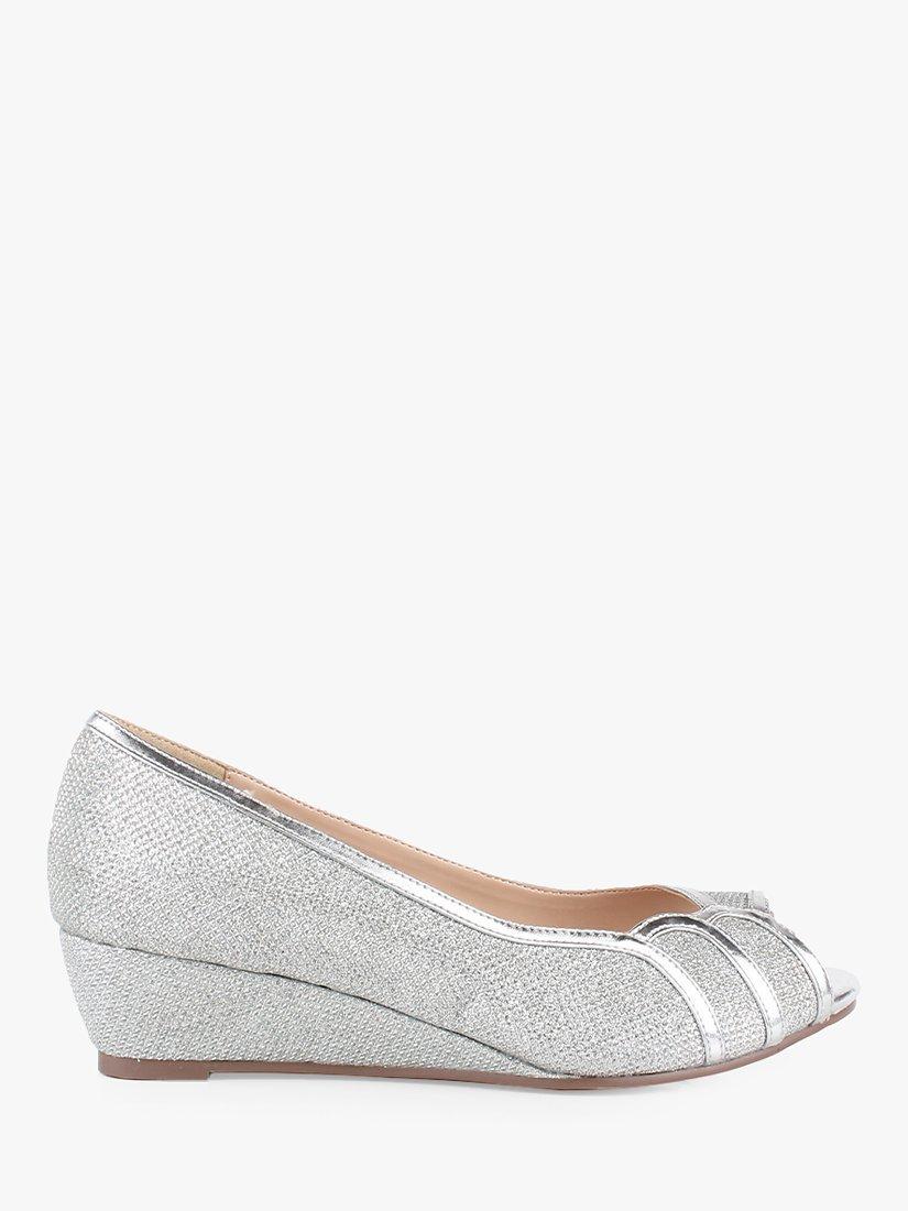 Paradox London Juno Wide Fit Glitter Low Wedge Heels, Silver, 8