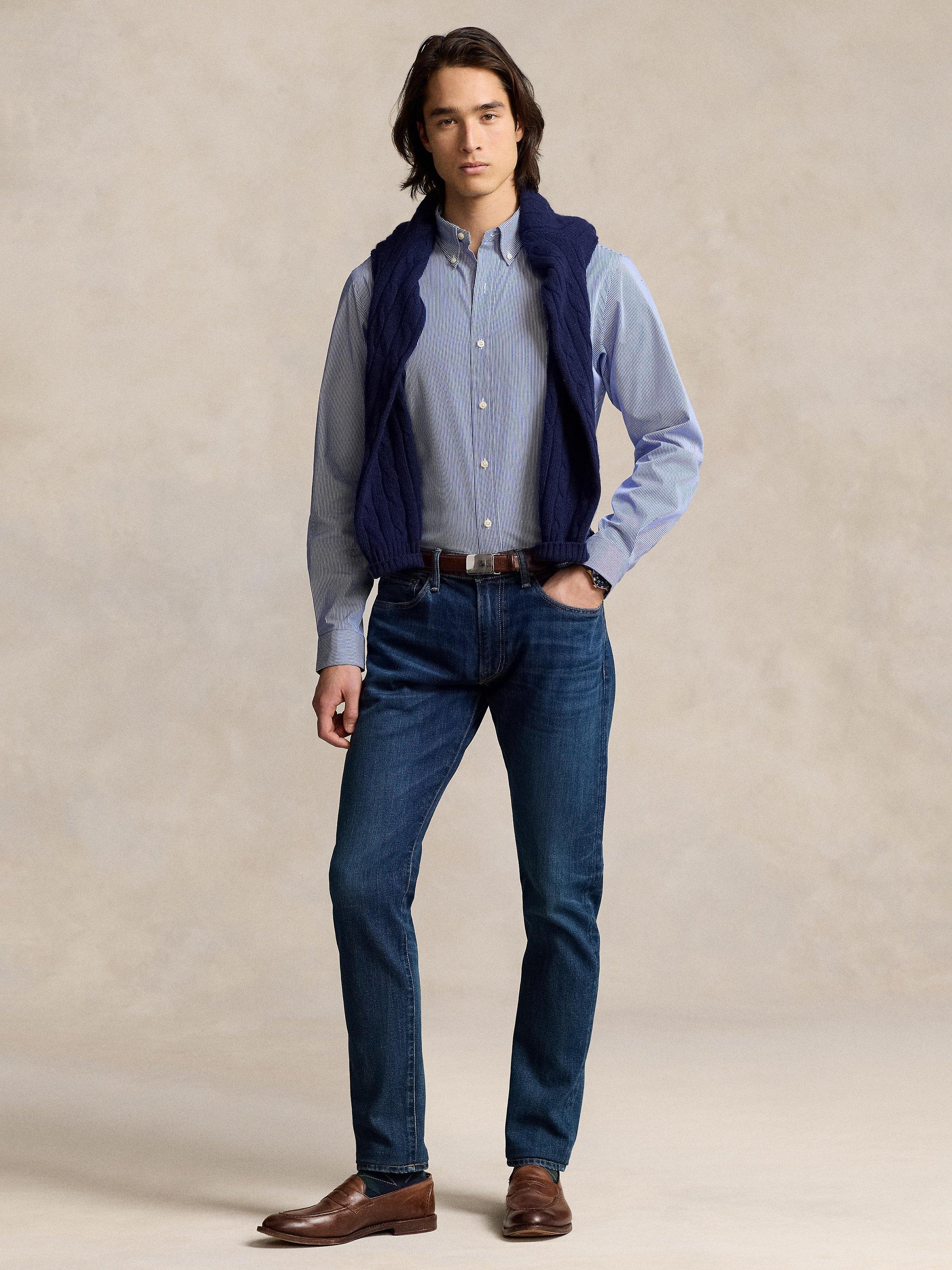 Product image 3 of 5, which shows Polo Ralph Lauren Poplin Slim Stripe Shirt, Blue, S