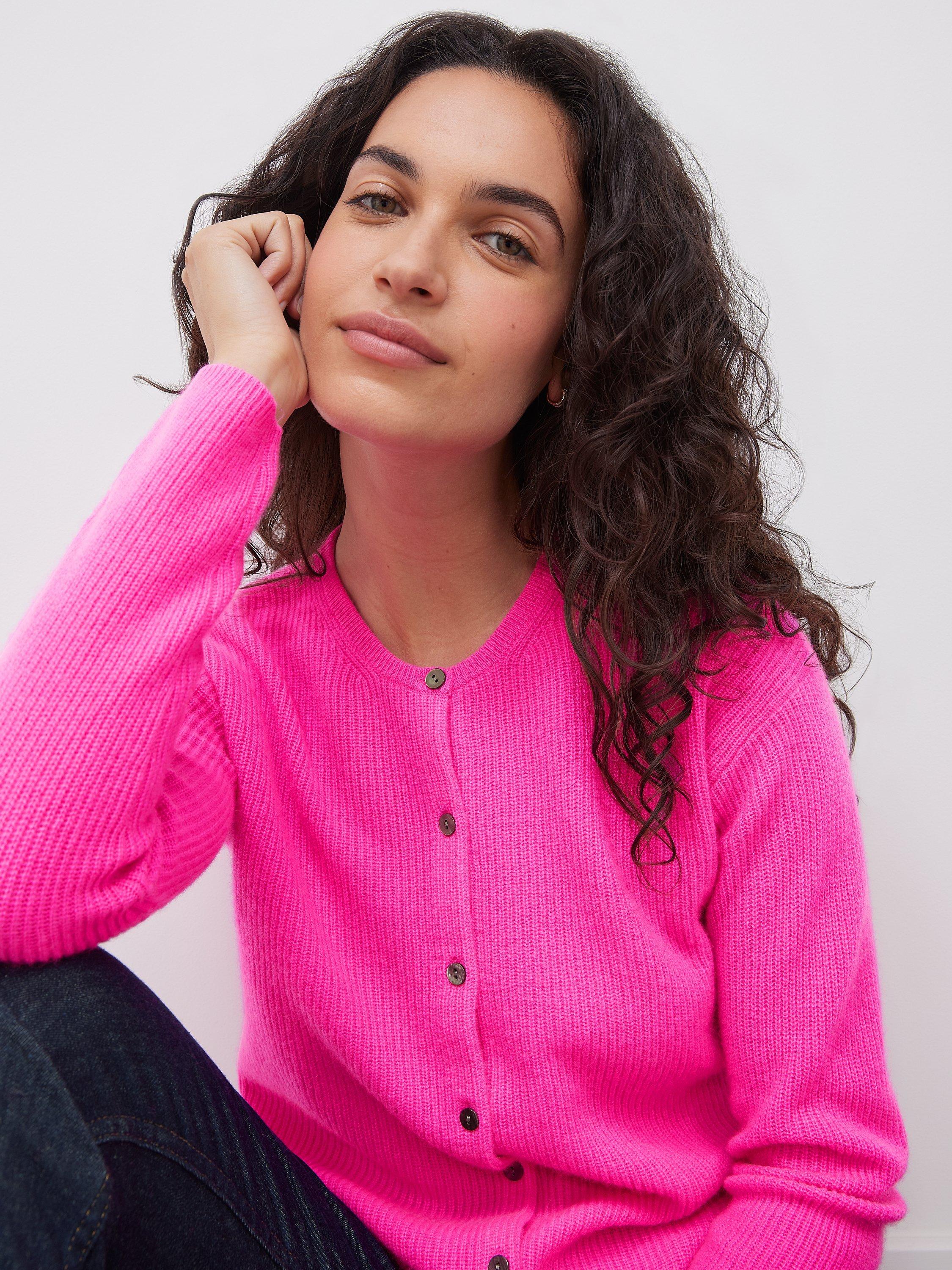 John Lewis Ribbed Cashmere Cardigan, Neon Pink, 12