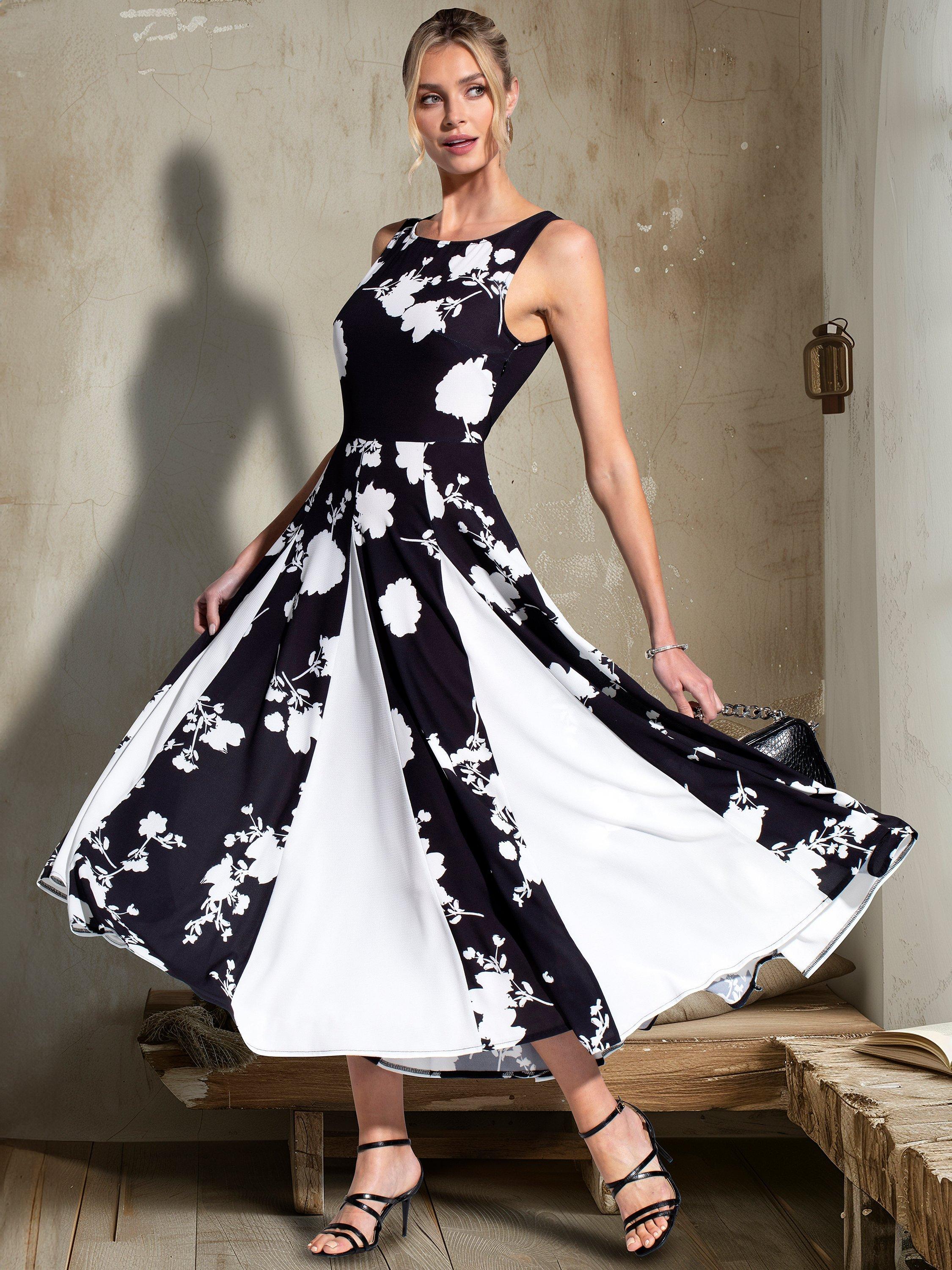 HotSquash Pleated Floral Midi Dress Black White