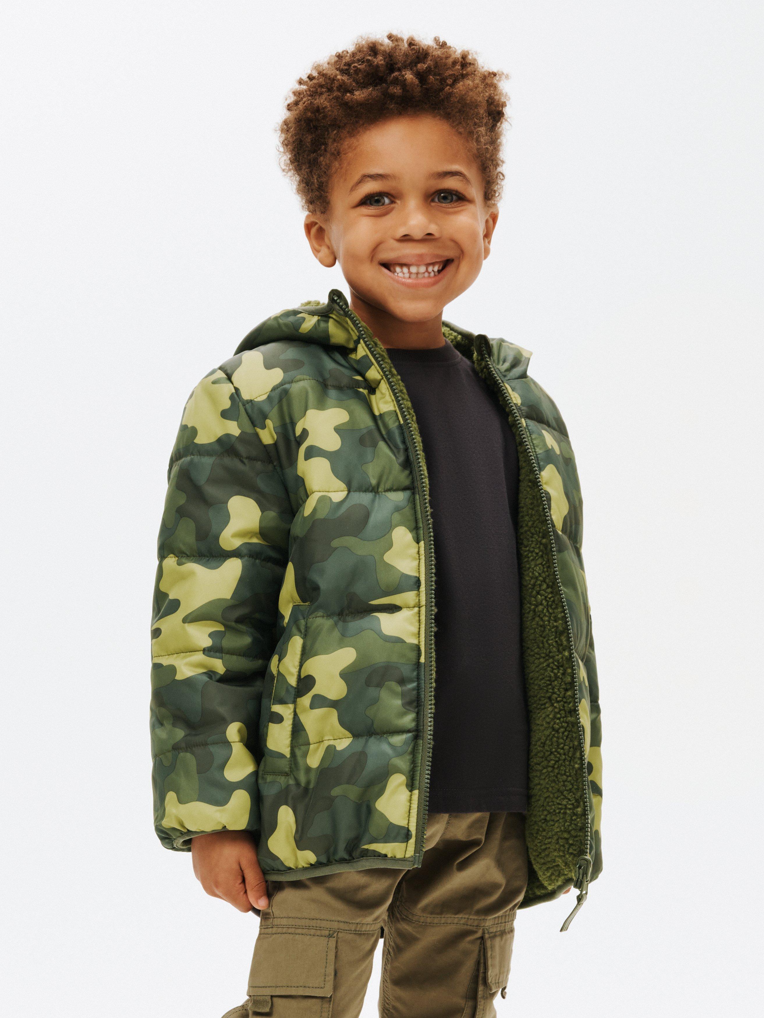 John Lewis Kids' Quilted Borg & Camouflage Reversible Jacket, Green