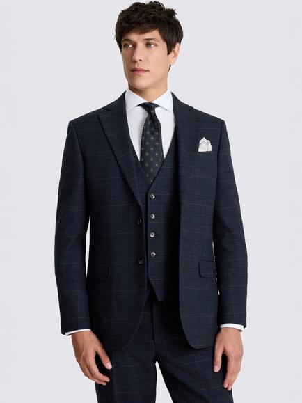 Moss Regular Fit Check Suit Jacket, Navy Black, Navy Black