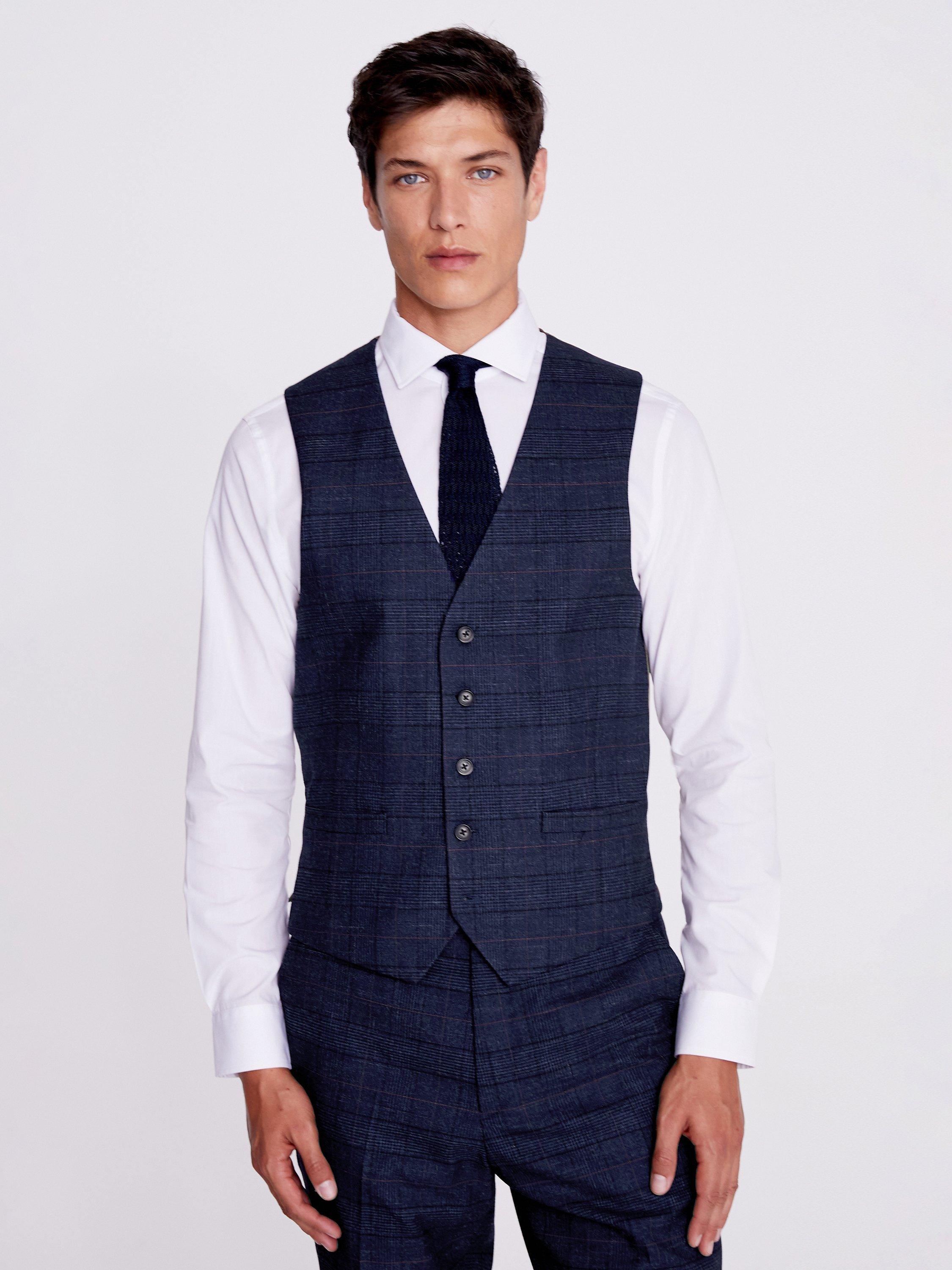 Product image 1 of 3, which shows Moss Regular Fit Check Waistcoat, Navy/Black, 40R