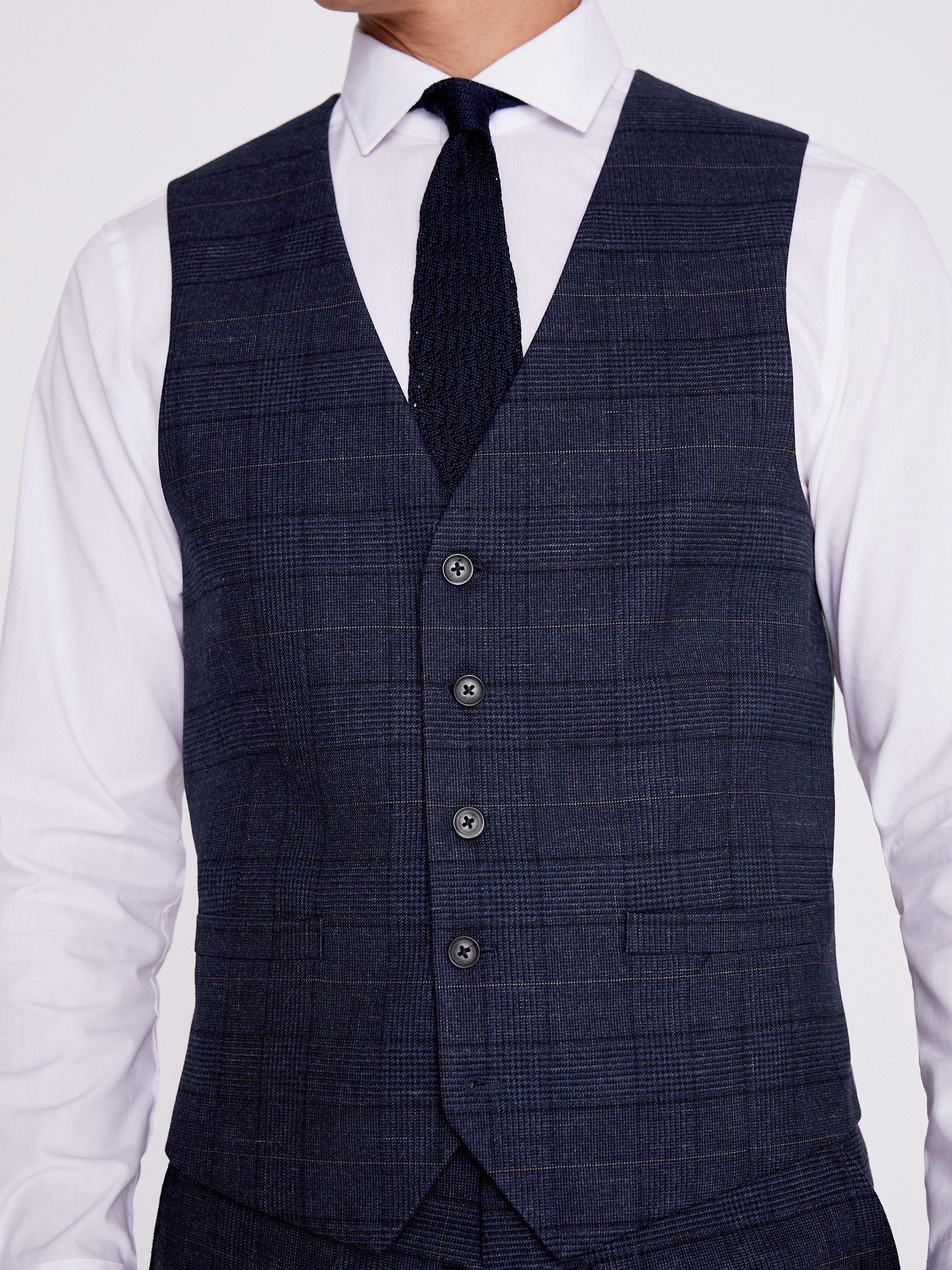 Moss Tailored Fit Check Waistcoat, Navy, 34R