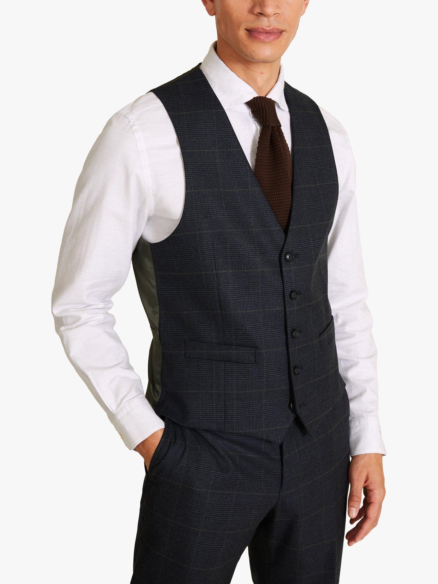 Moss 1851 Tailored Fit Plain Check Waistcoat, Blue