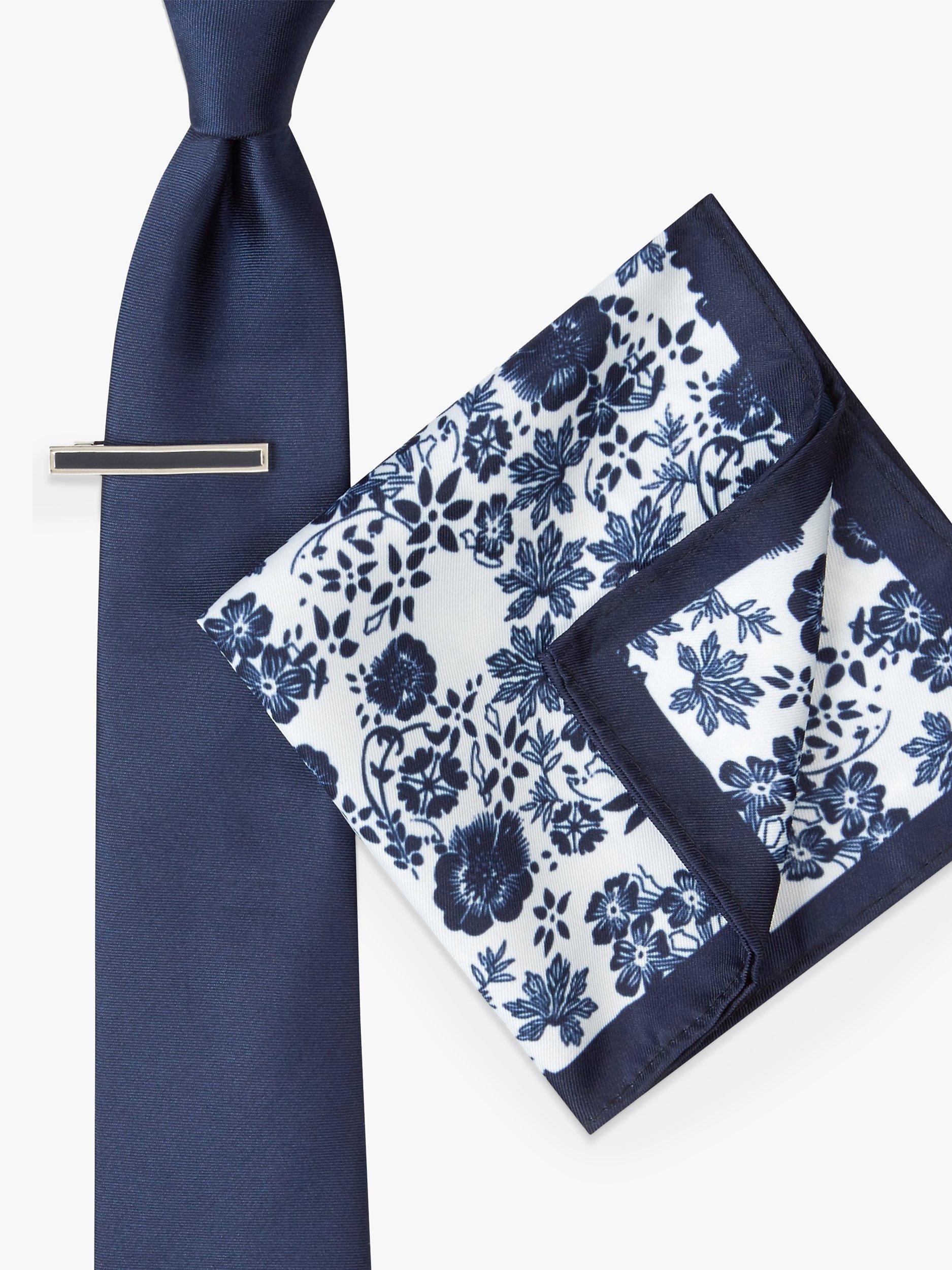 Moss London Floral Tie & Pocket Square Set, Aubergine/Navy, One Size