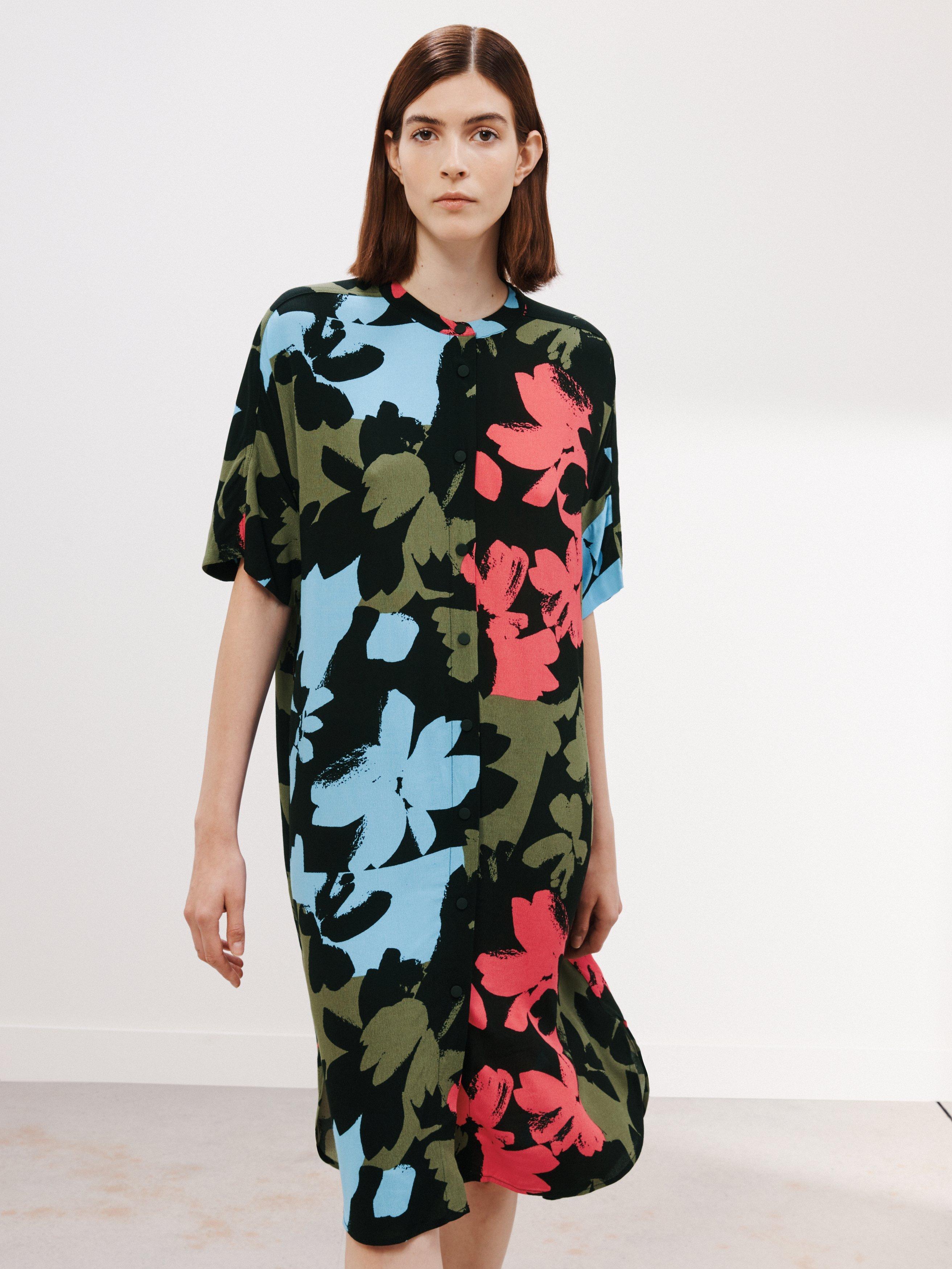 Kin Brushstroke Floral Shirt Dress, Black/Multi
