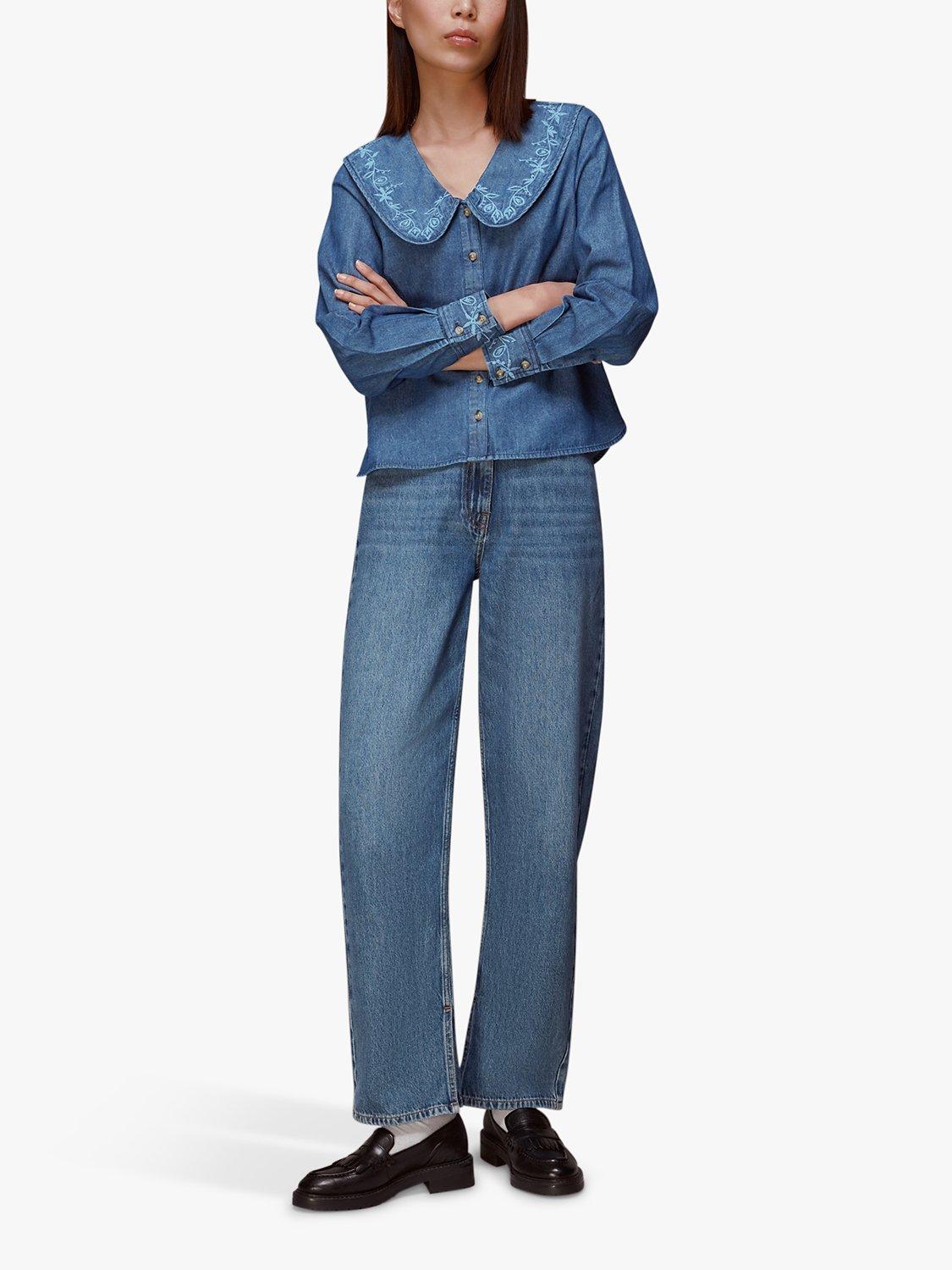 Whistles Embroidered Collar Denim Shirt, Blue