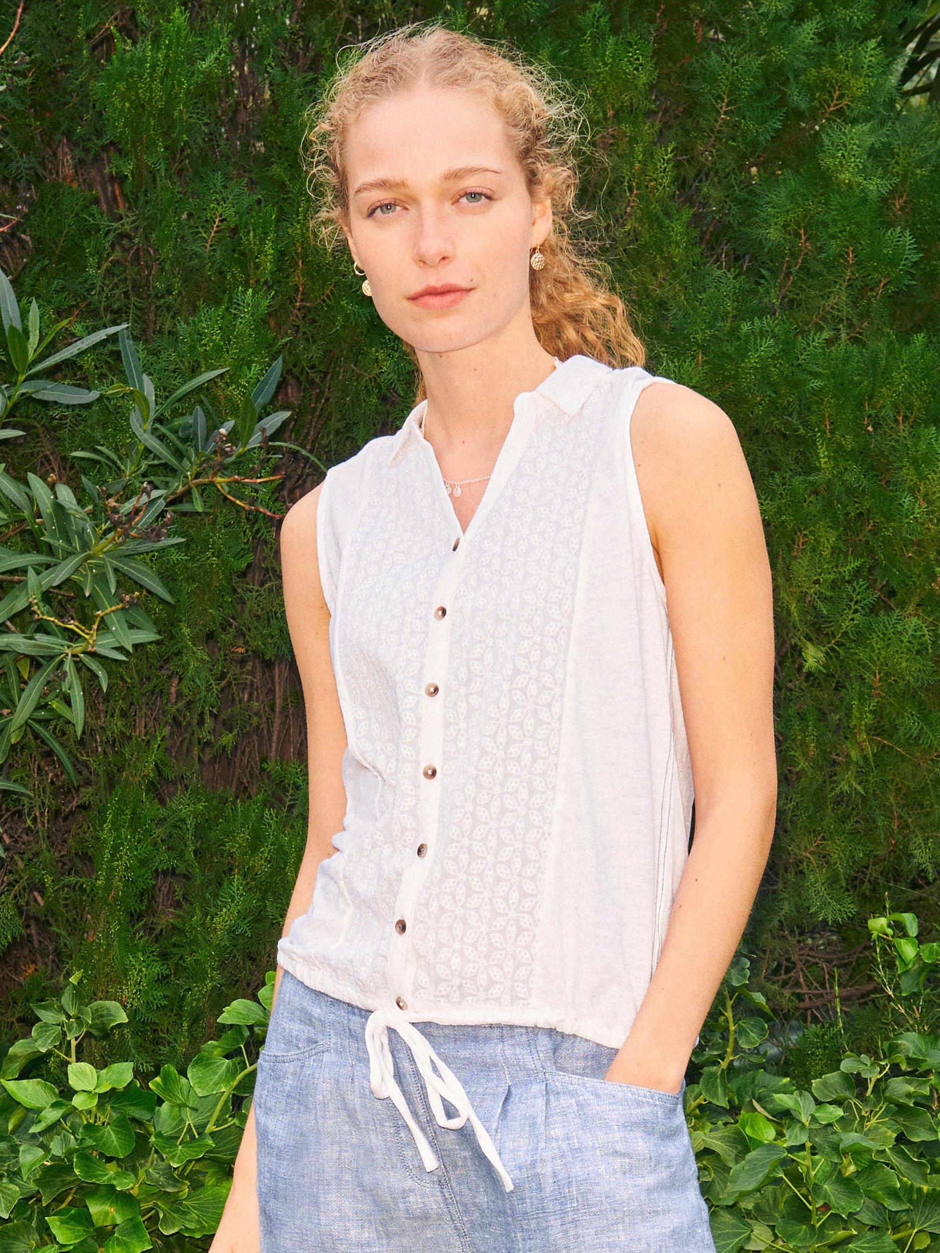 White Stuff Flowing Grasses Sleeveless Jersey Shirt, Brilliant White