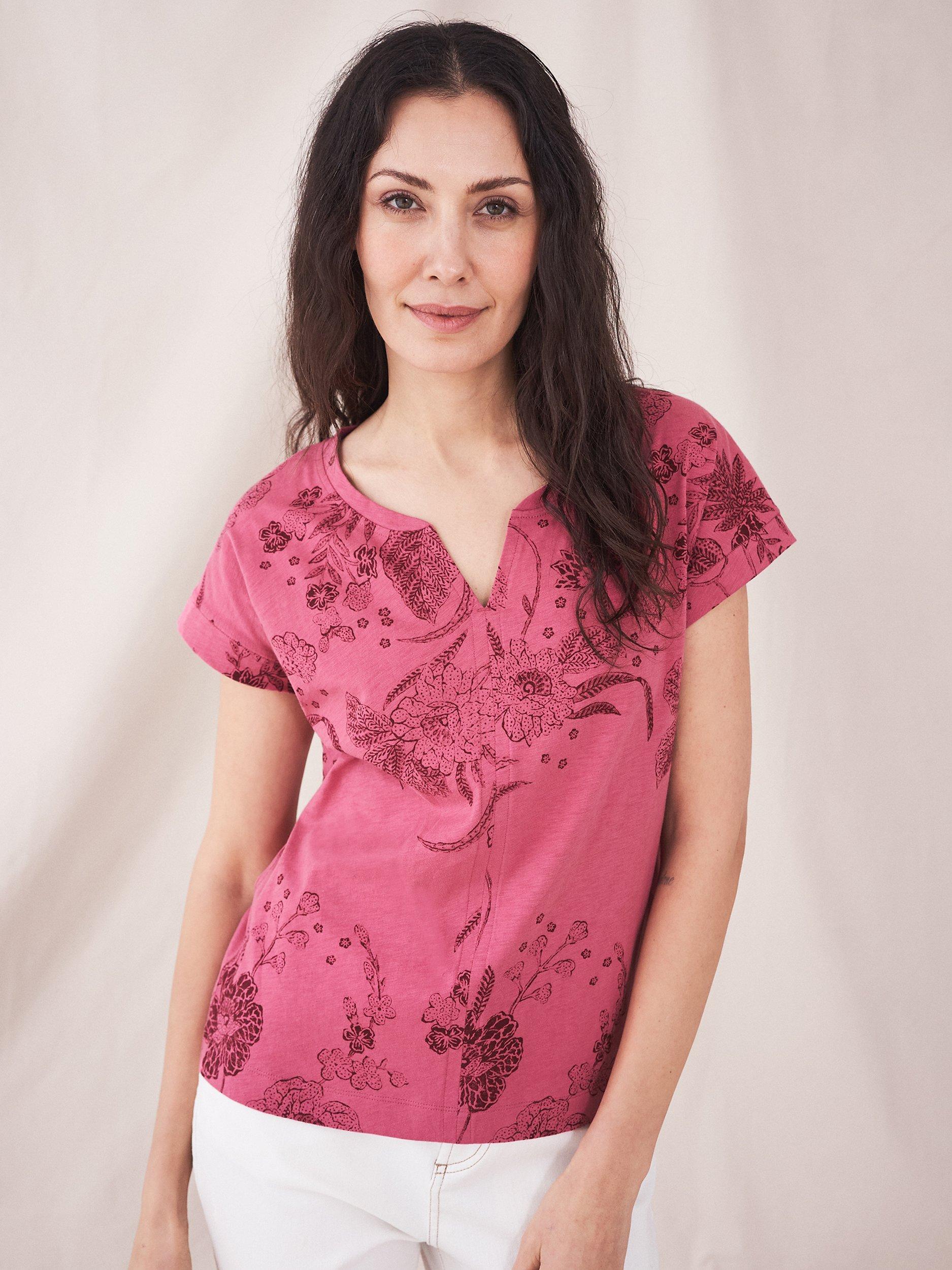 White Stuff Nelly Floral Print Cotton T-Shirt, Pink, 12