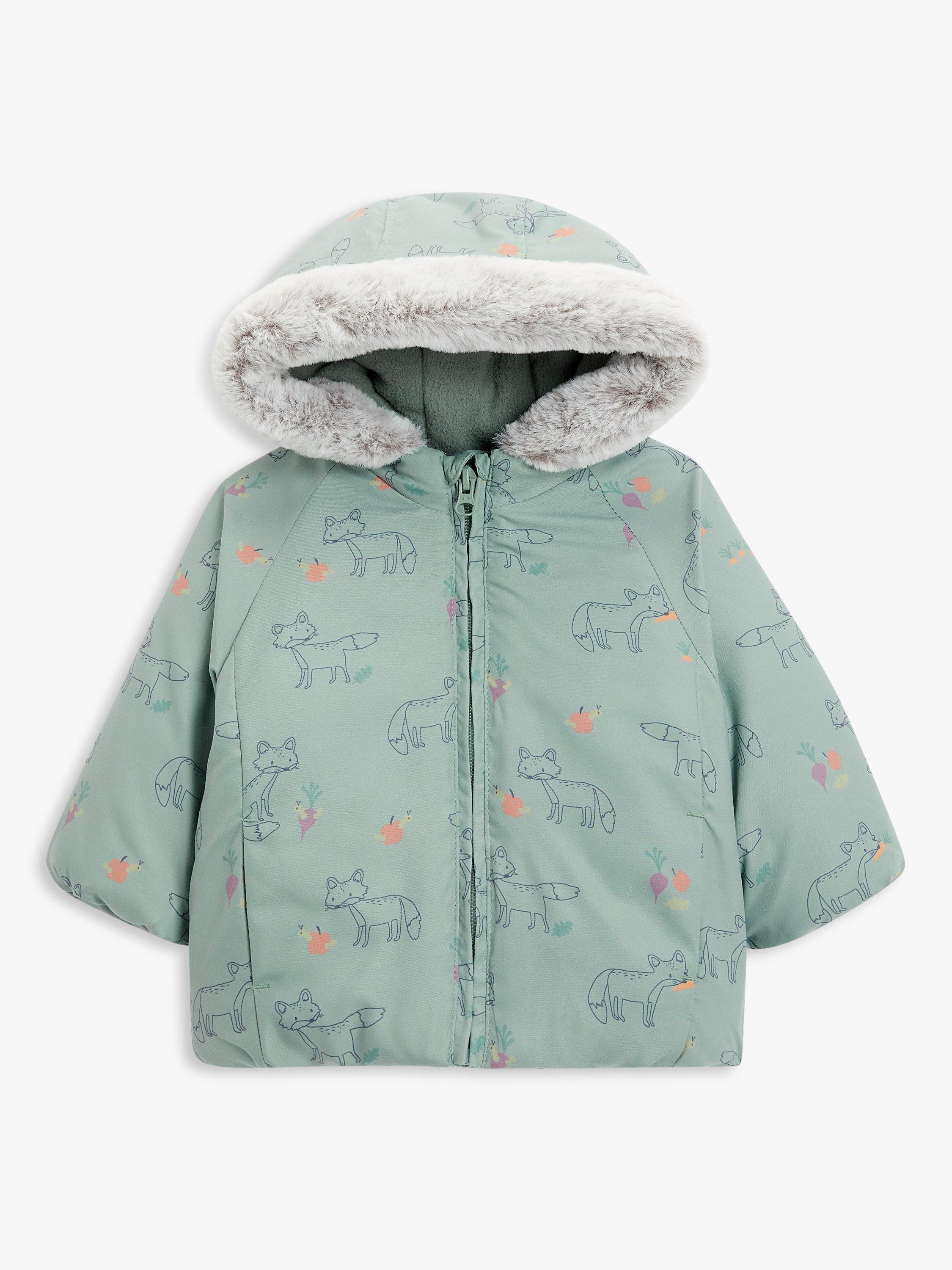 Product image 1 of 3, which shows John Lewis Baby Fox Print Shower Resistant Coat, Green, 18-24 months