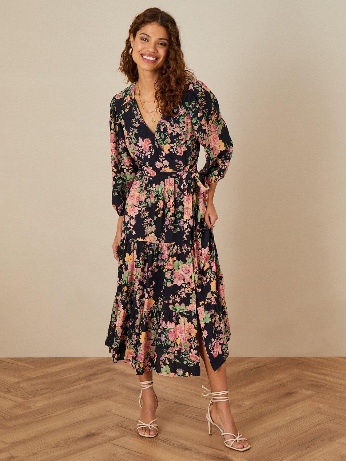 Monsoon Rosemary Floral Print Tiered Midi Wrap Dress, Black/Multi