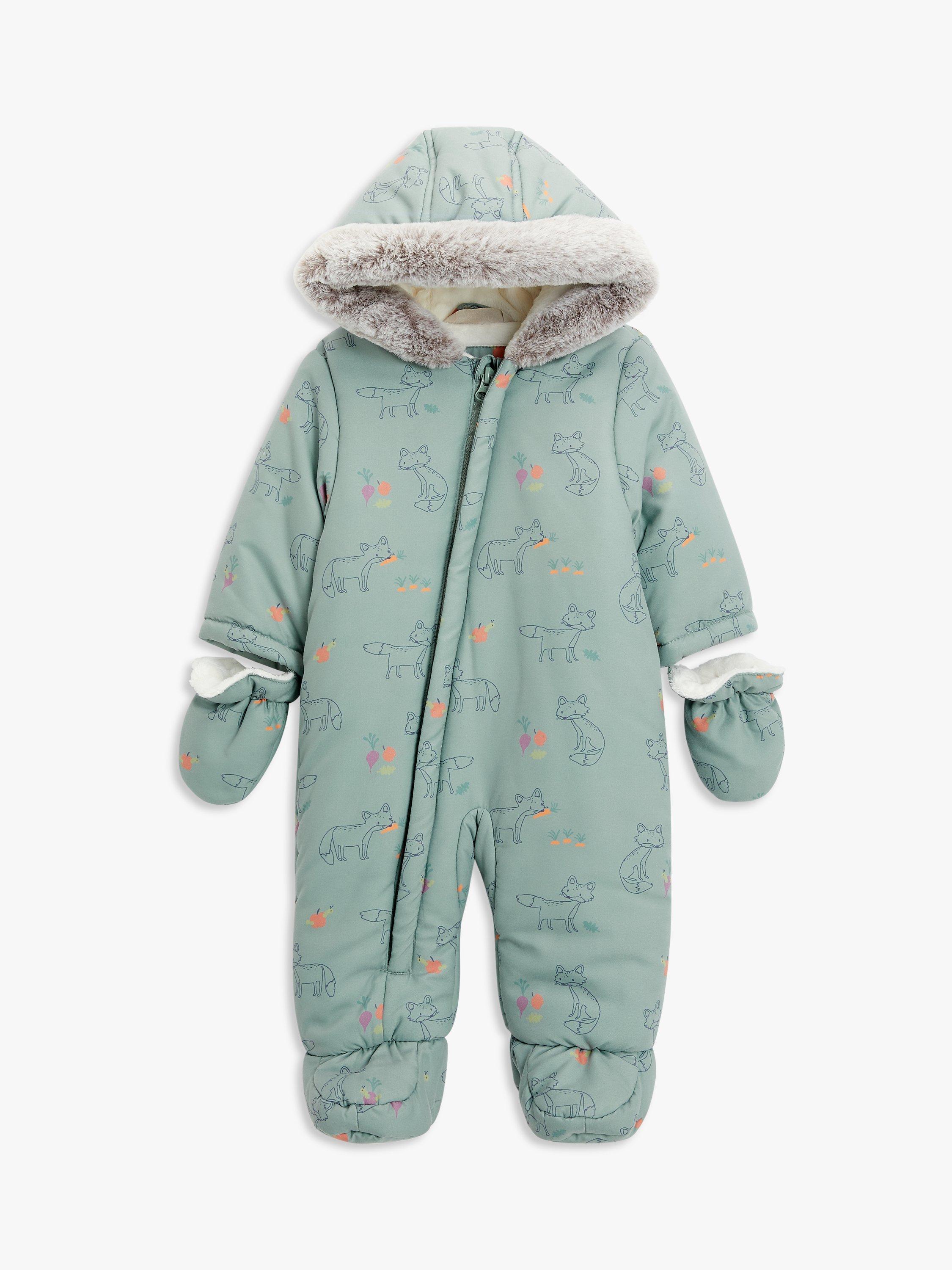 John Lewis Baby Fox Print Shower Resistant Snowsuit, Green