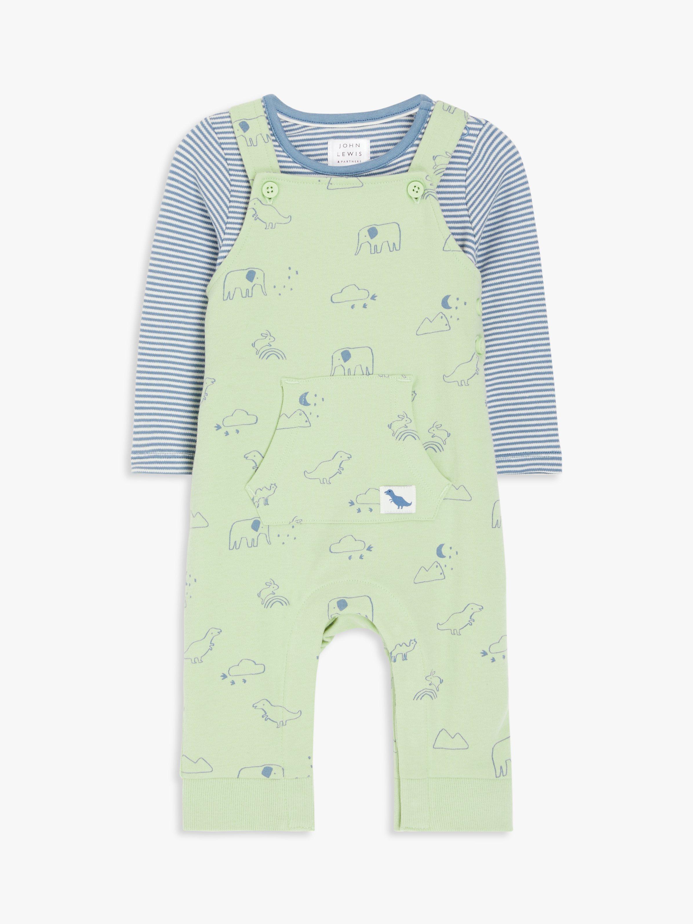 John Lewis Baby Stripe Top & Elephant Dungaree Set, Blue/Green