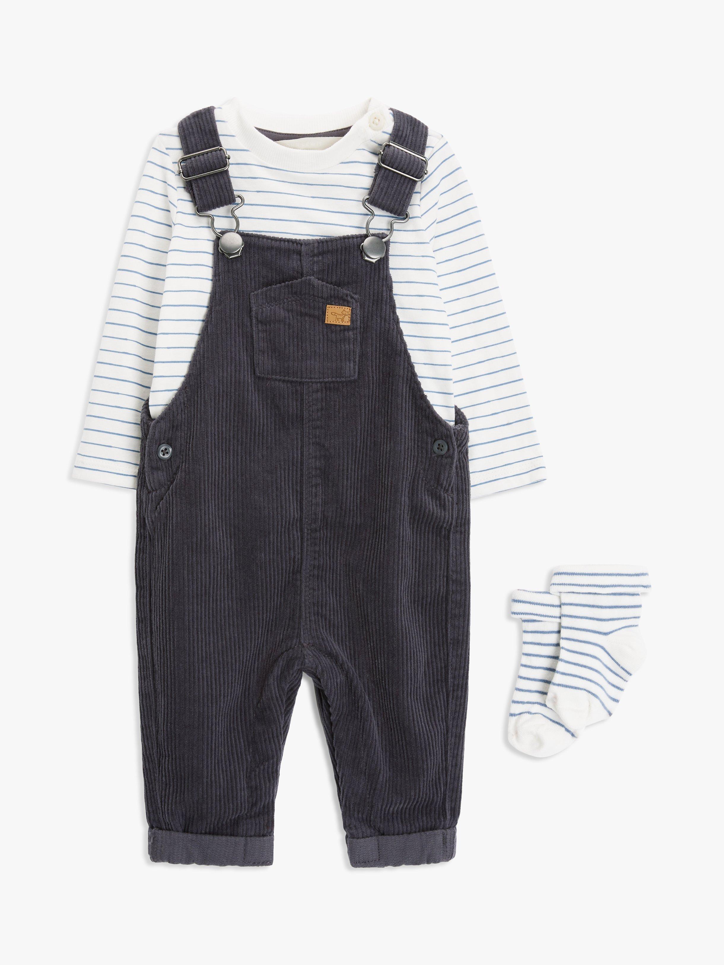 John Lewis Baby Stripe Jersey & Corduroy Dungaree Set, Grey