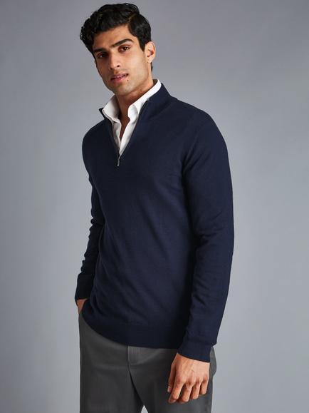 Charles Tyrwhitt Merino Wool Zip Neck Jumper, Navy