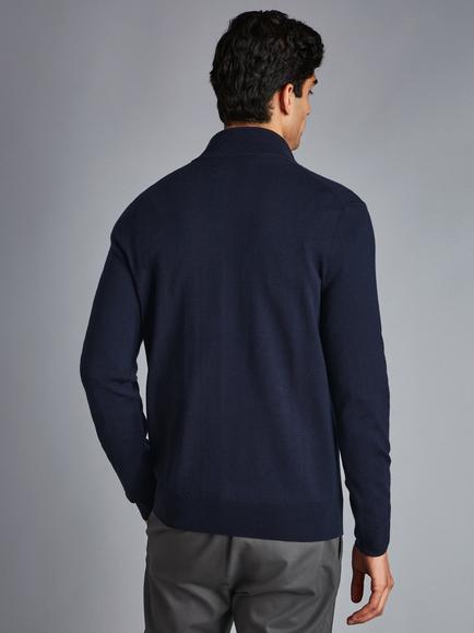Charles Tyrwhitt Merino Wool Zip Neck Jumper - view 2, Navy
