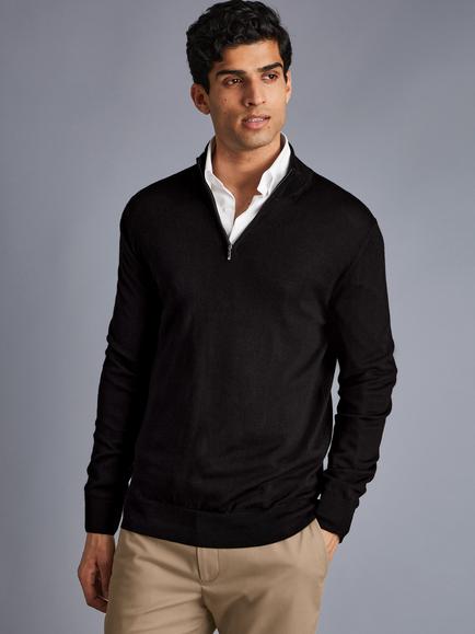 Charles Tyrwhitt Merino Wool Zip Neck Jumper, Black