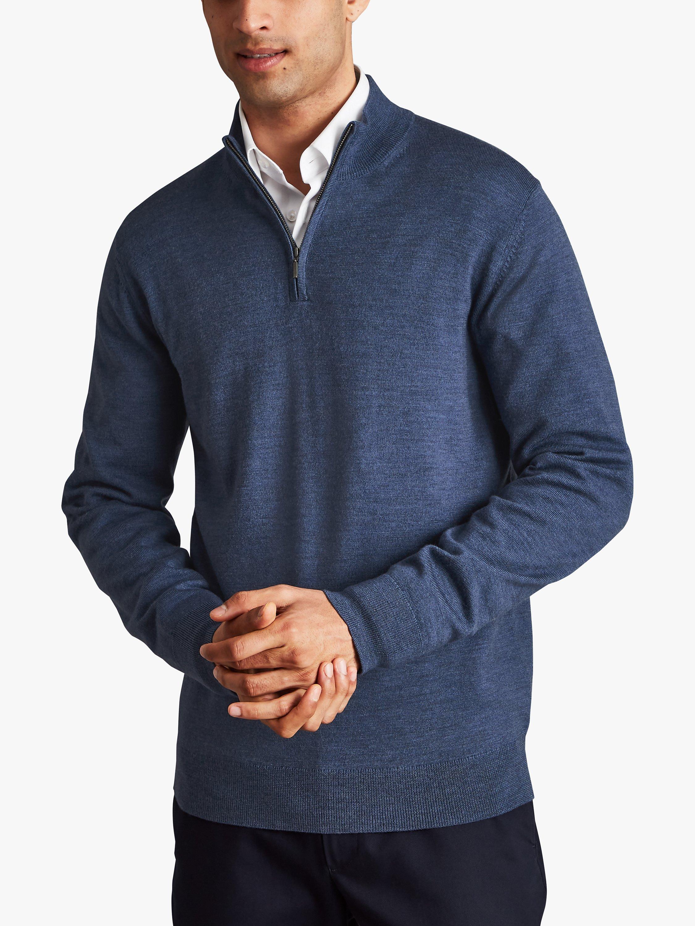 Charles Tyrwhitt Merino Wool Zip Neck Jumper, Indigo Blue, XS