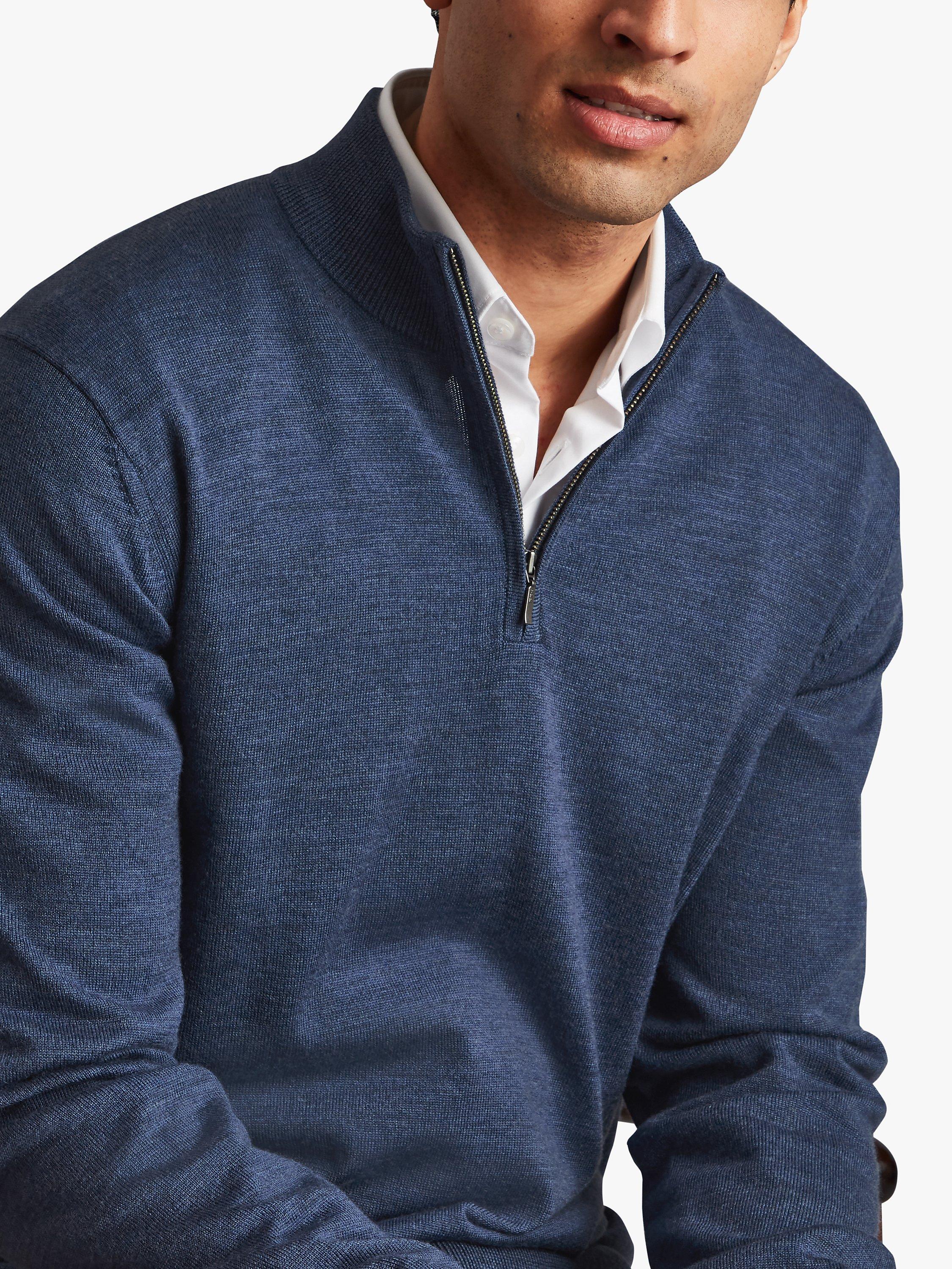 Charles Tyrwhitt Merino Wool Zip Neck Jumper, Indigo Blue, XS