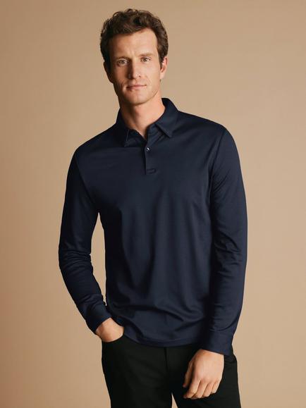 Charles Tyrwhitt Smart Long Sleeve Jersey Polo, Navy Blue