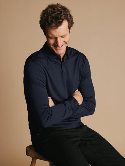 Charles Tyrwhitt Smart Long Sleeve Jersey Polo - view 2, Navy Blue