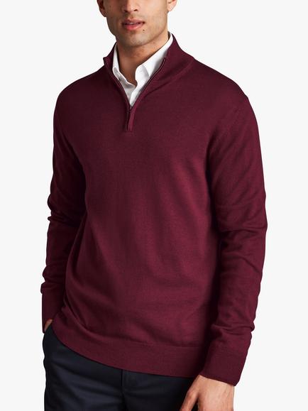 Charles Tyrwhitt Merino Wool Zip Neck Jumper, Burgundy