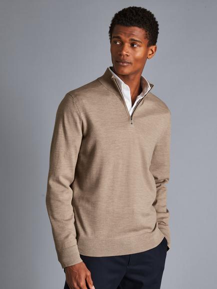 Charles Tyrwhitt Merino Wool Zip Neck Jumper, Oatmeal