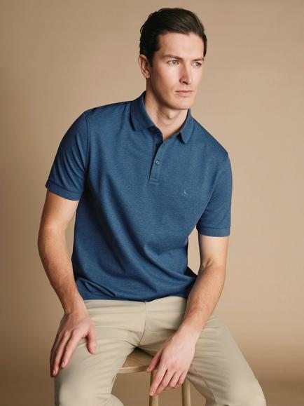 Charles Tyrwhitt Short Sleeve Pique Polo Shirt - view 2, Indigo Blue Marl