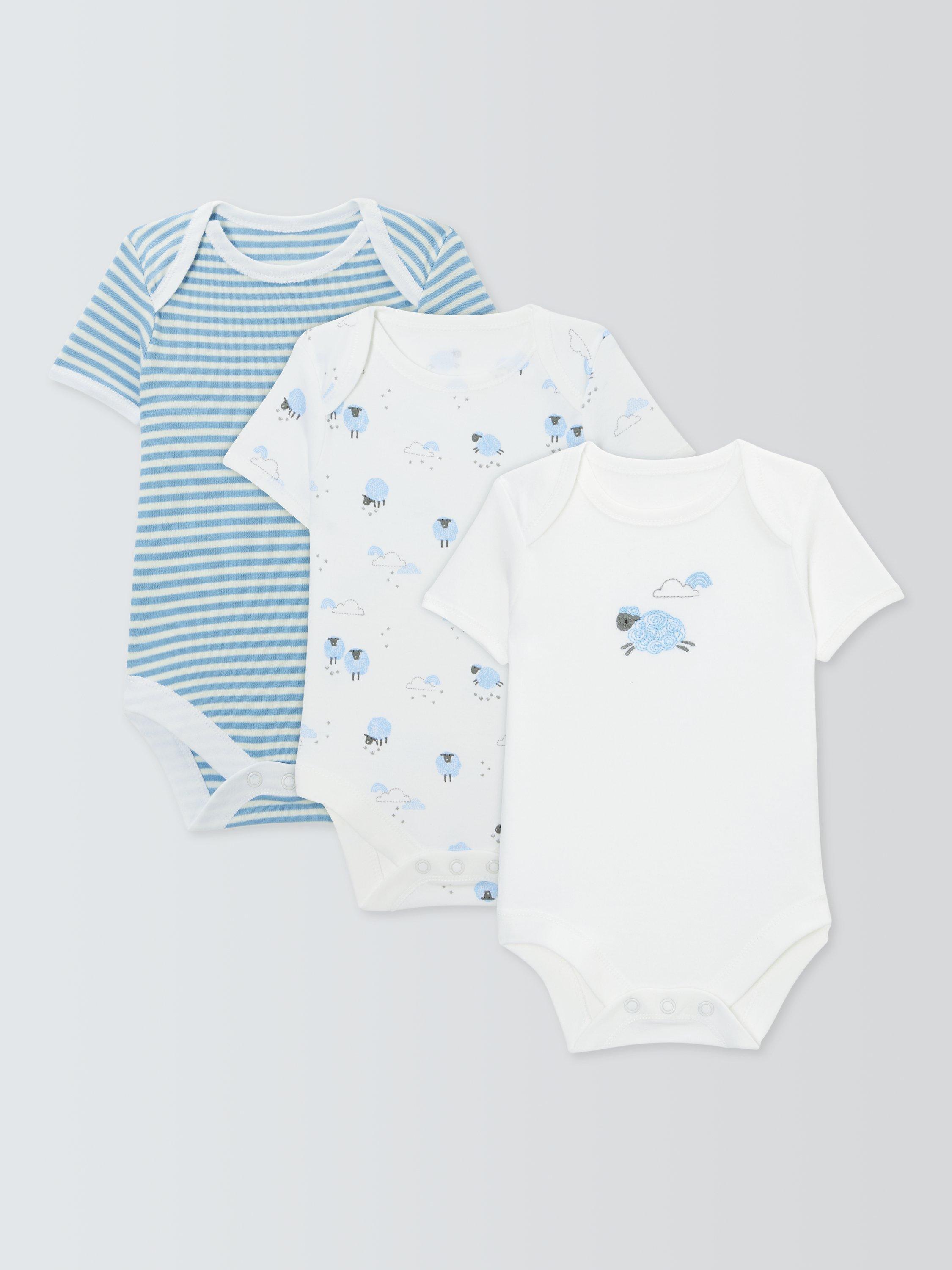 John Lewis Baby Cotton Sheep/Stripe Short Sleeve Bodysuits, Pack of 3, Blue, Newborn