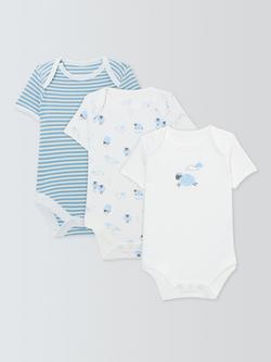 John Lewis Baby Cotton Sheep/Stripe Short Sleeve Bodysuits, Pack of 3, Blue