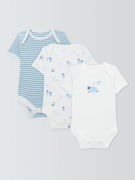 John Lewis Baby Cotton Sheep/Stripe Short Sleeve Bodysuits, Pack of 3, Blue
