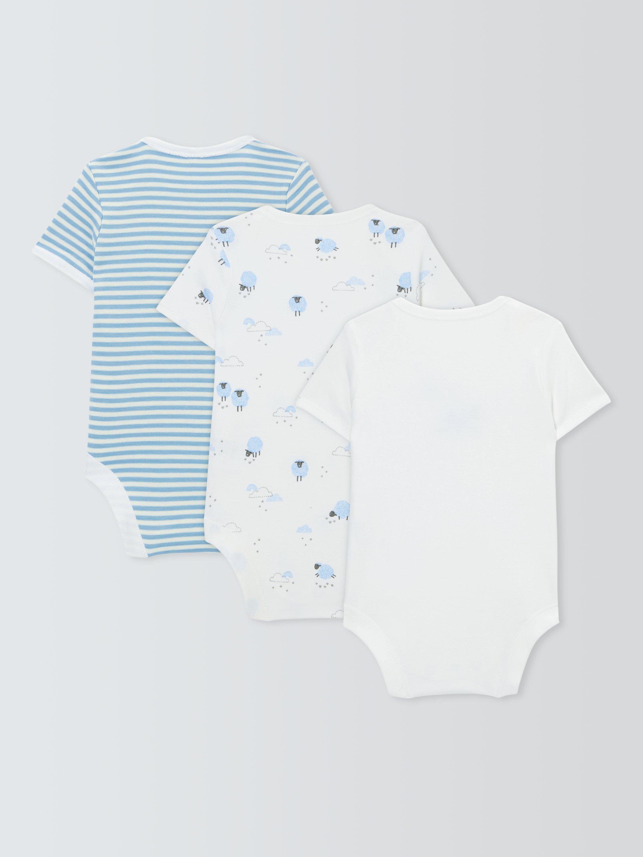 John Lewis Baby Cotton Sheep/Stripe Short Sleeve Bodysuits, Pack of 3, Blue, Newborn