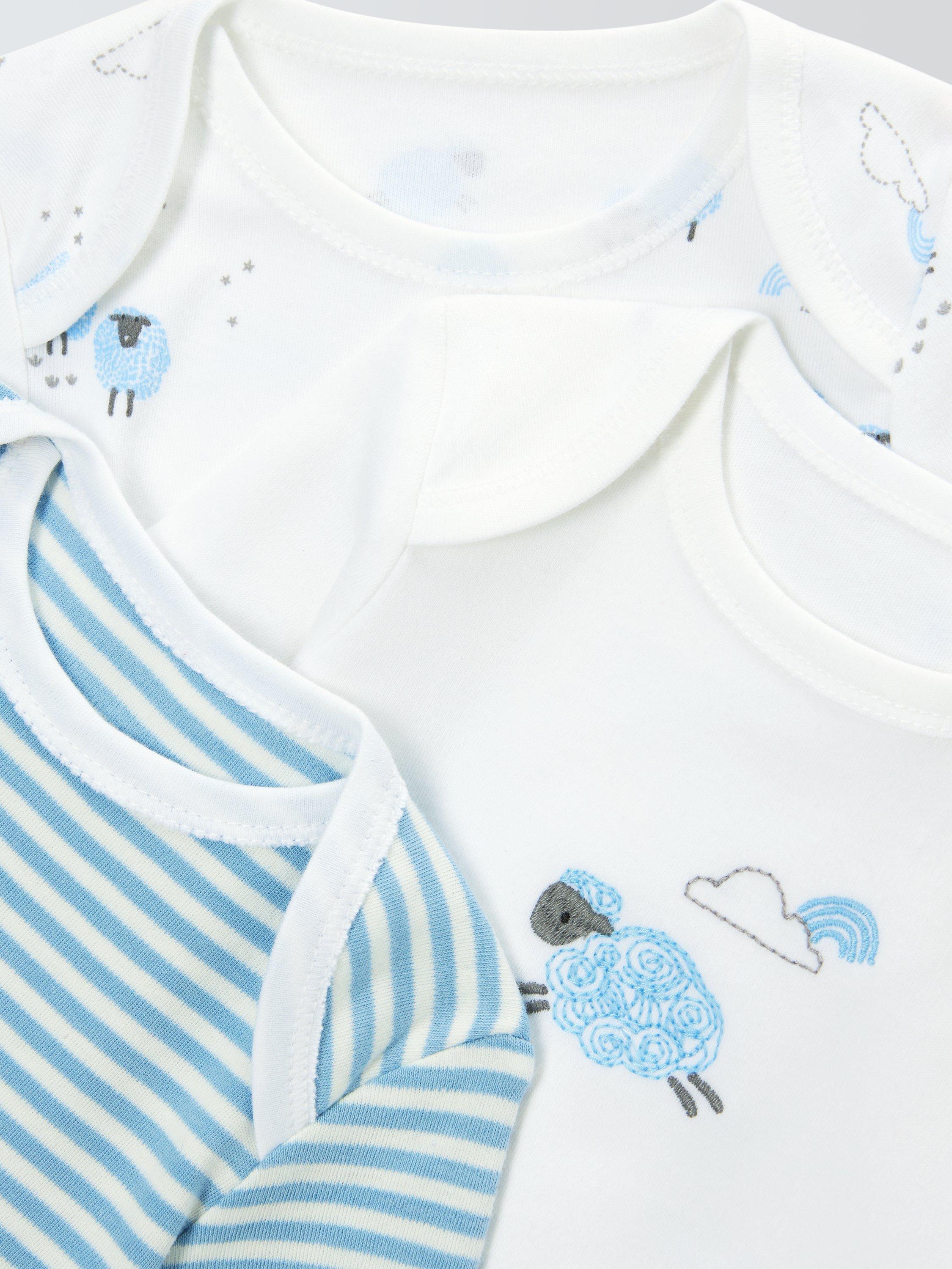Product image 3 of 3, which shows John Lewis Baby Cotton Sheep/Stripe Short Sleeve Bodysuits, Pack of 3, Blue, Newborn