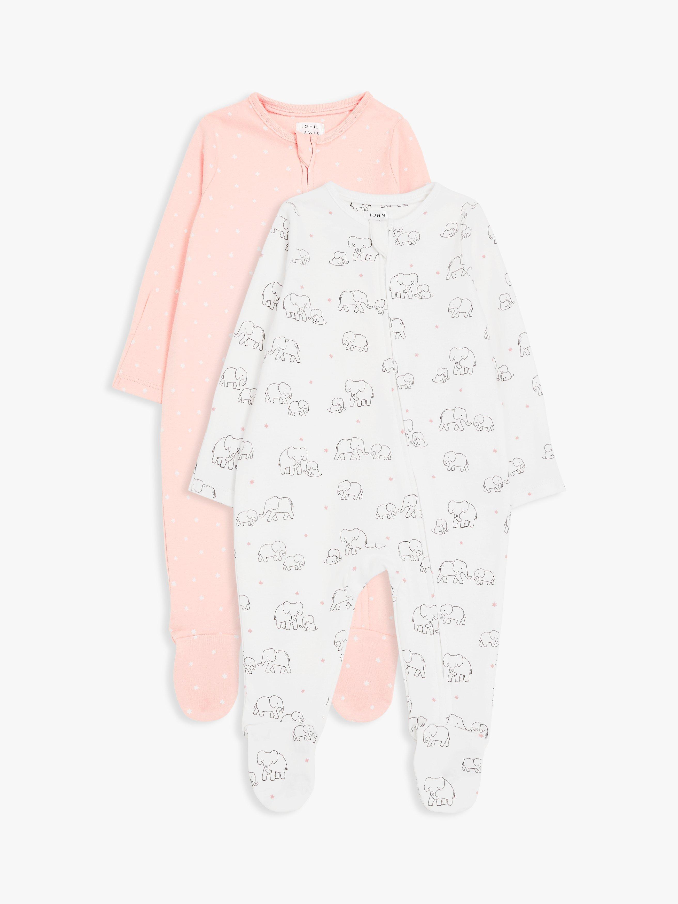 John Lewis Elephant Sleepsuit, Pack of 2, Pink