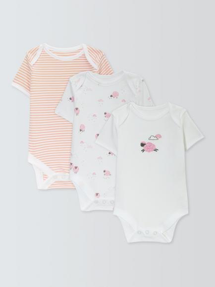 John Lewis Baby Cotton Sheep/Stripe Short Sleeve Bodysuits, Pack of 3, Pink