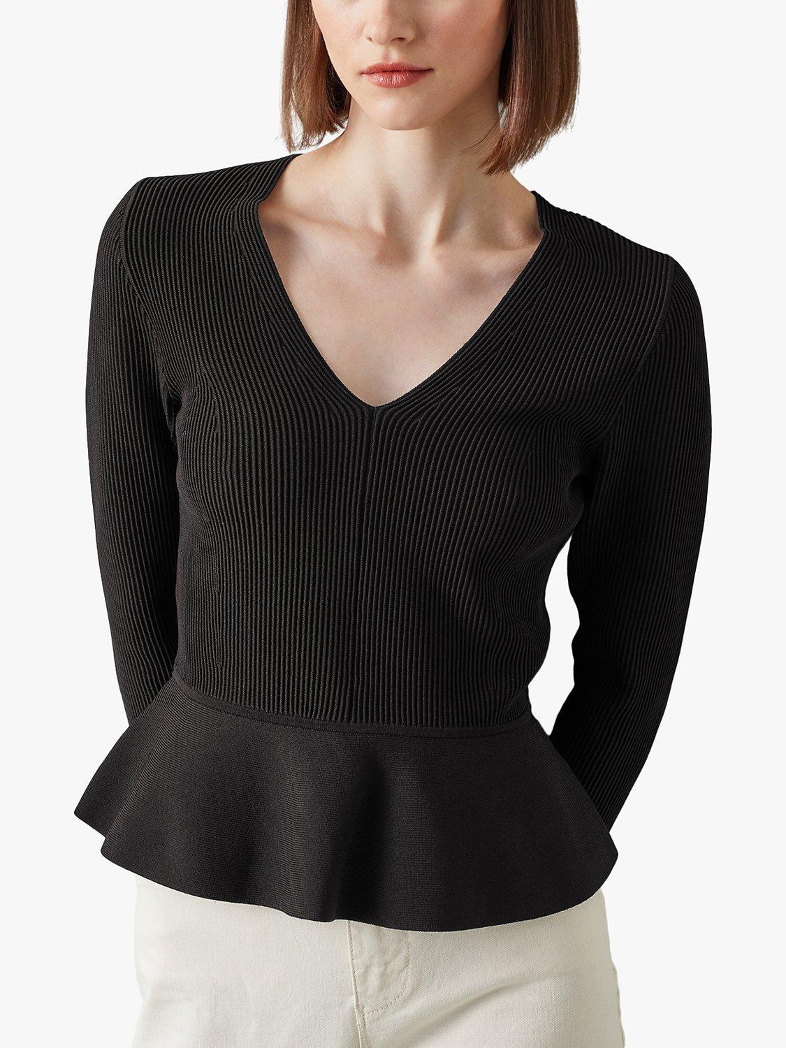 L.K.Bennett Louise Knitted Peplum Top, Black, XS